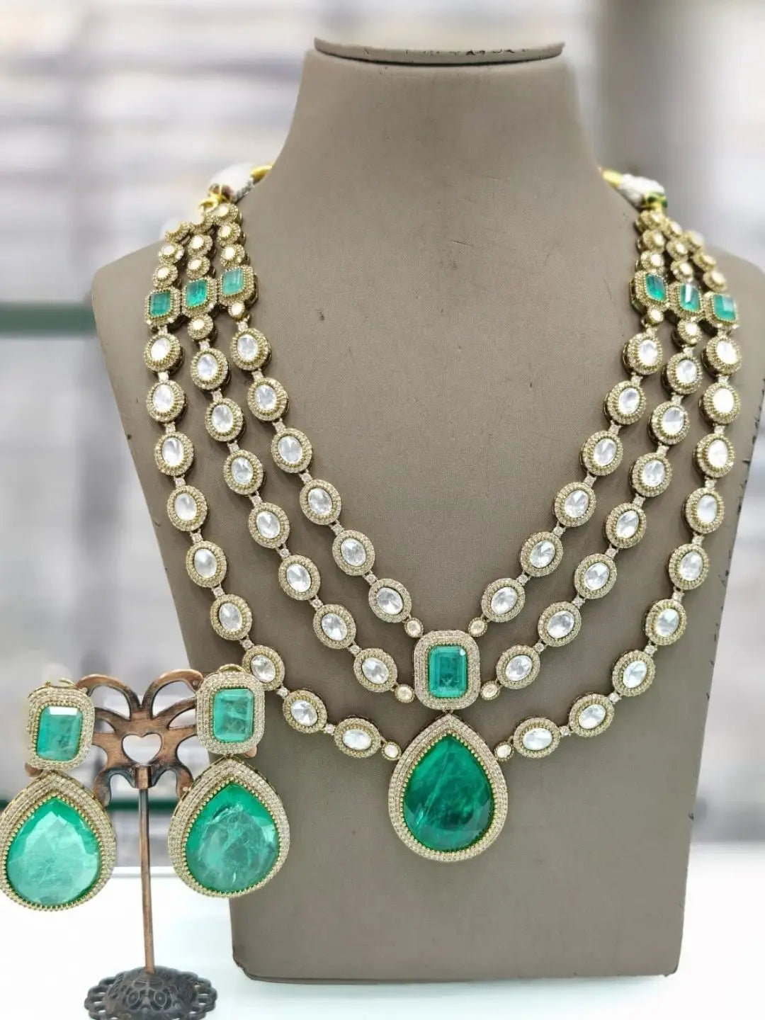 Ishhaara Green Elegant 3 Layer Victorian Ad Haram With Gemstones