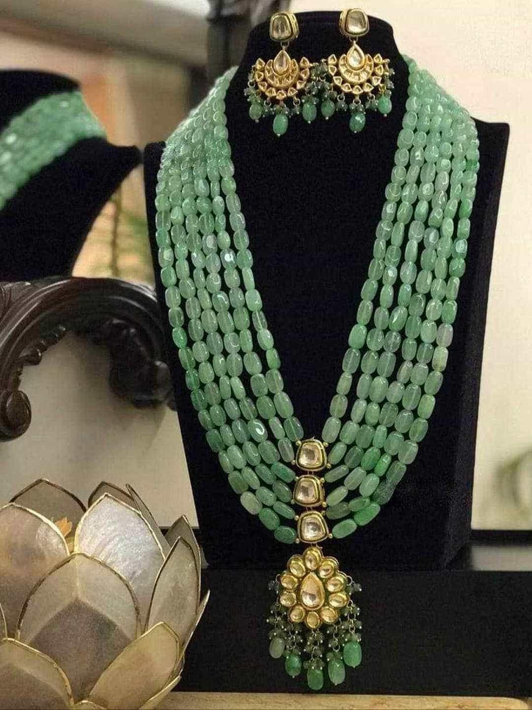 Ishhaara Light Green Long Beaded Kundan Pendant Necklace