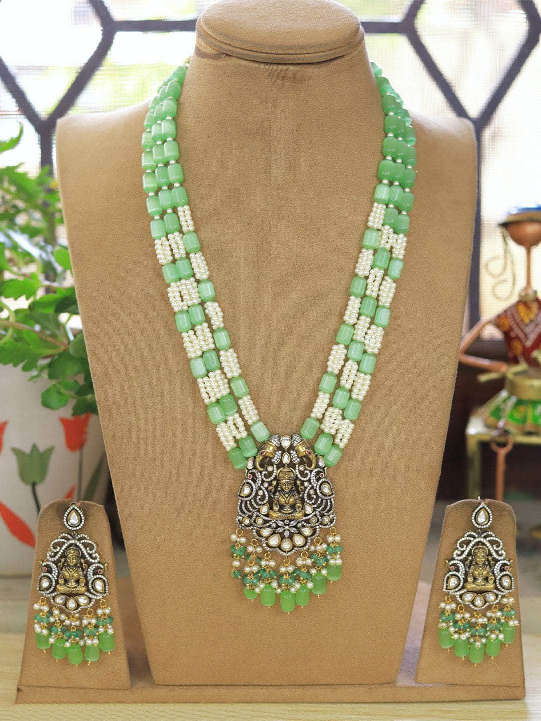 Ishhaara Green Royal Long Necklace With Earrings