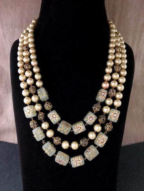 Ishhaara Triple Layered Pearl Precious Stone Necklace