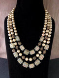 Ishhaara Light Grey Triple Layered Pearl Precious Stone Necklace