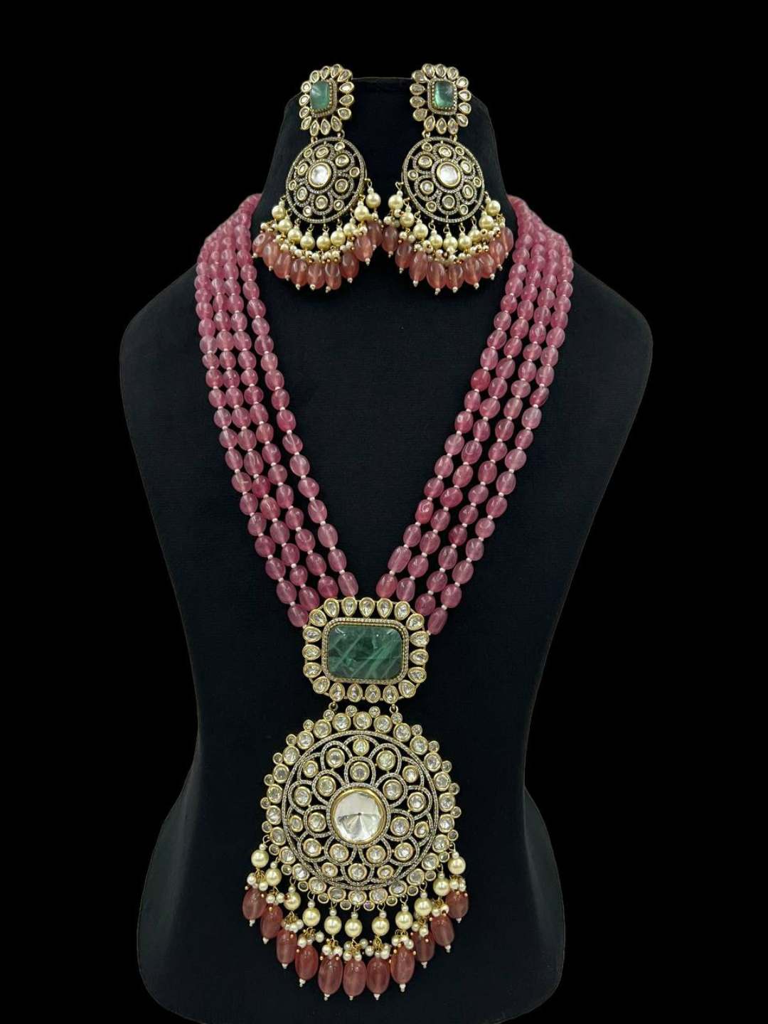 Ishhaara Long Beaded Carving Stone Necklace
