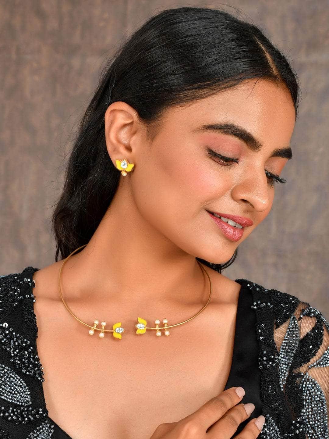 Ishhaara Lotus Motif open type necklace - Yellow