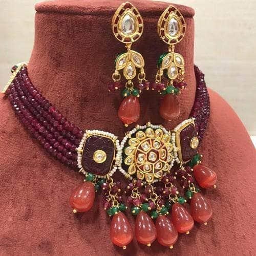 Ishhaara Center Flower Choker Semi Precious Choker Set