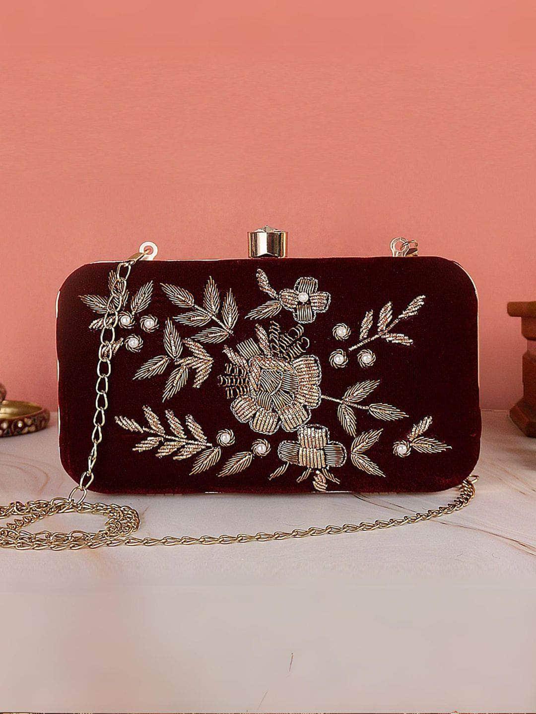 Buy Maroon Dabka Leaf Hand Embroidered Clutch Online Ishhaara