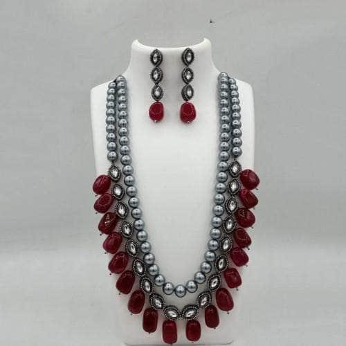 Ishhaara Grey Pearls Long Beaded Necklace And Earring Set