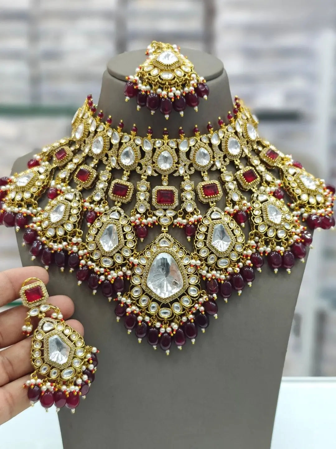 Ishhaara Tear Drop Shaped Emerald Green Kundan Necklace Set