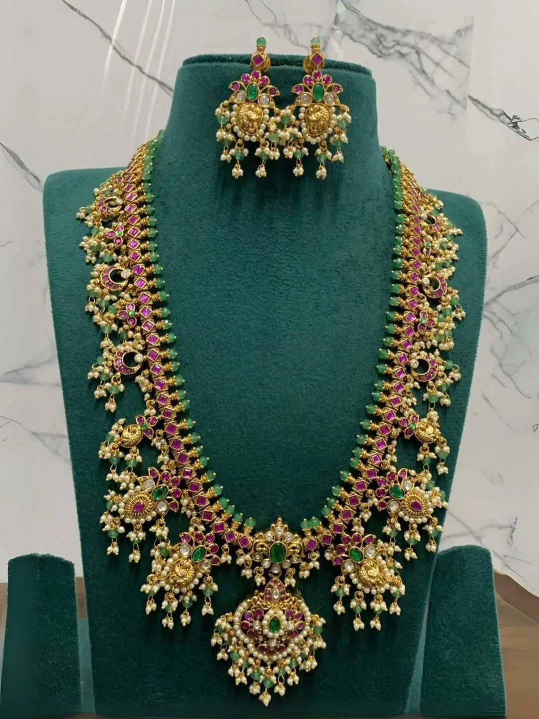 Ishhaara Matte Finish Kemp Green Peacock Guttapusalu Haram