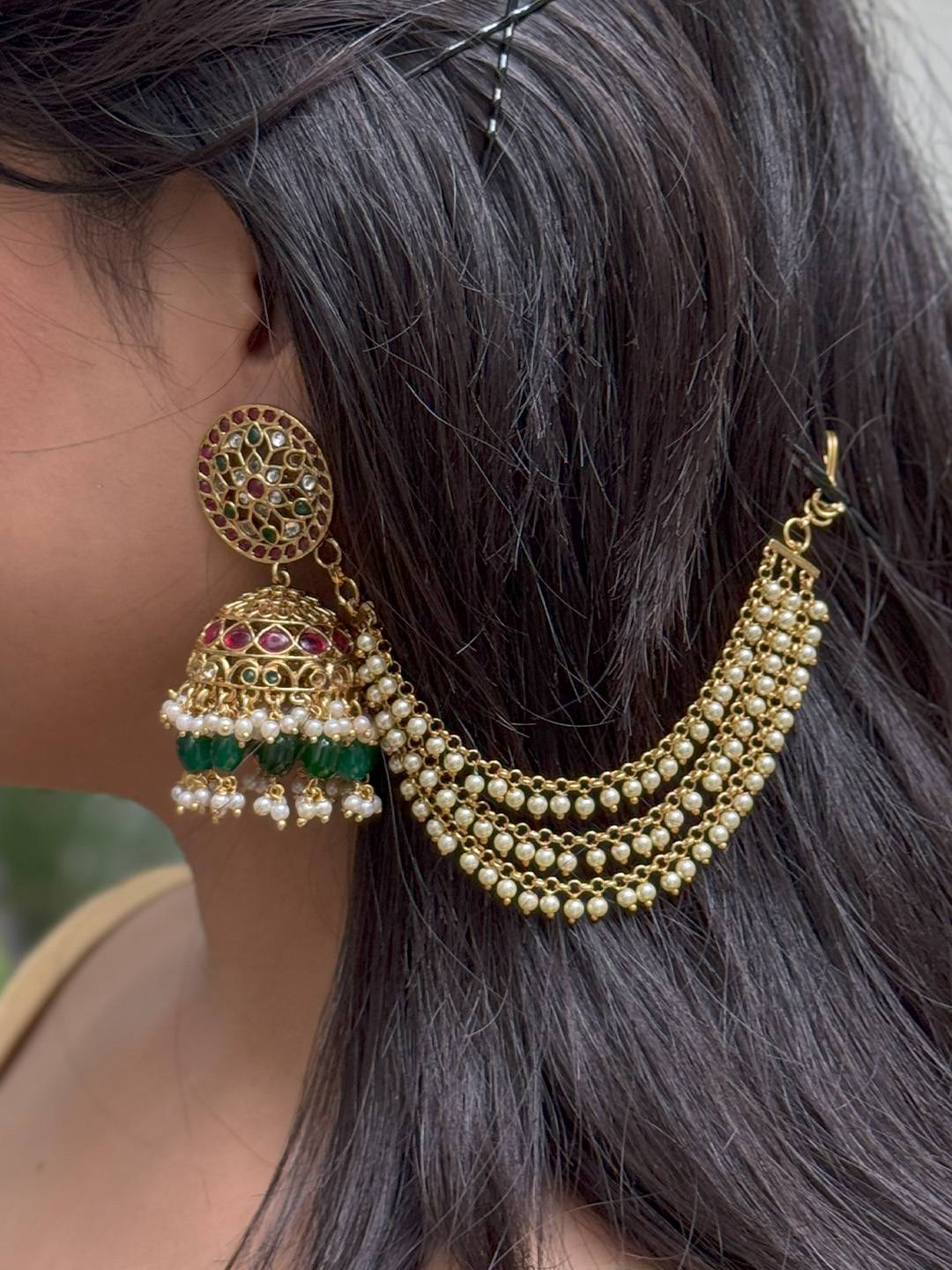 Matte Finish Pearl Multi Layer Earrings Side Chain