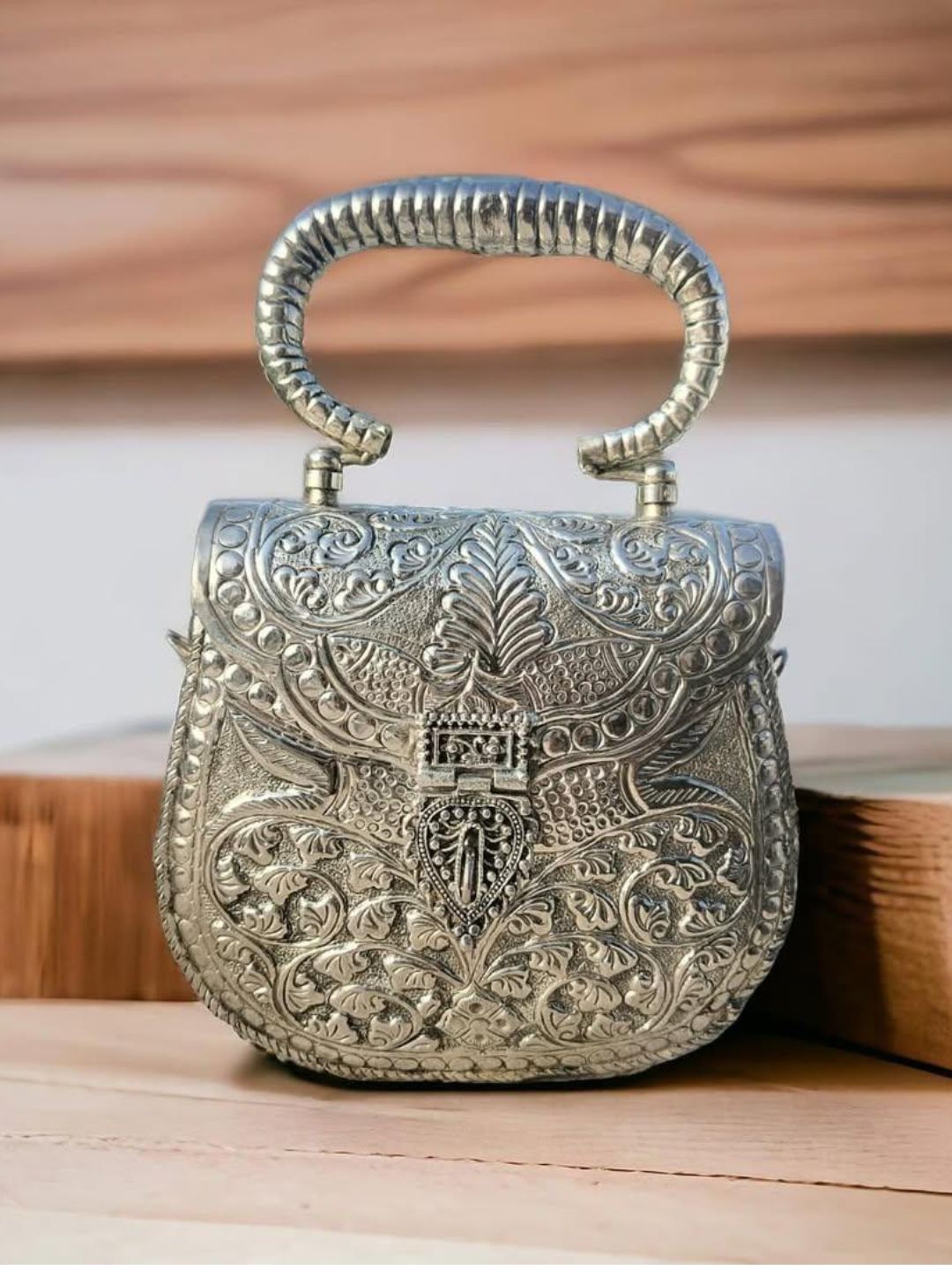 Ishhaara Meena Work Metal Handcrafted Silver Clutch