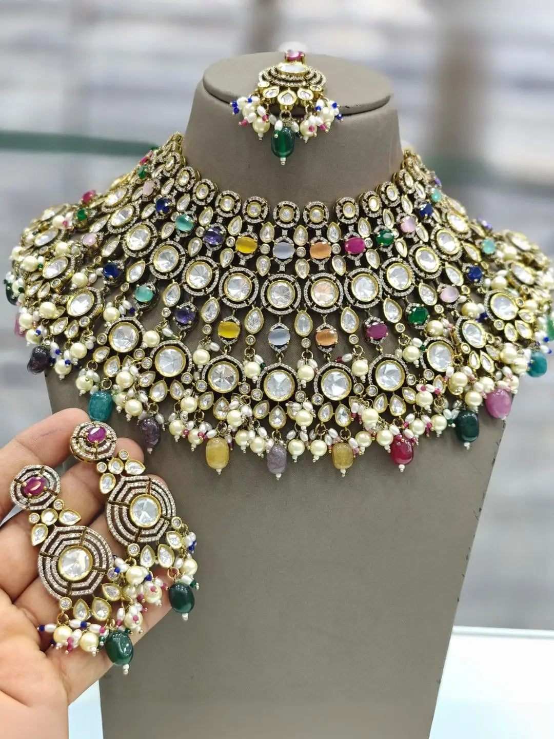 Ishhaara Multicolor Gold Plated Polki Kundan Stone And Beads Choker Necklace Set