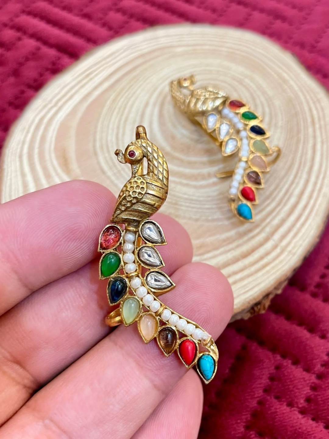 Ishhaara Multicolor Gold Plated Stones Polki Kundan Peacock Motif Ear Cuffs