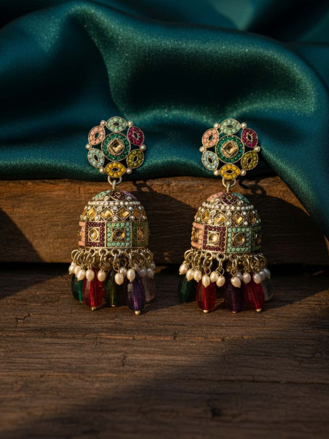 Multicolor Kundan Beaded Jhumka Earrings