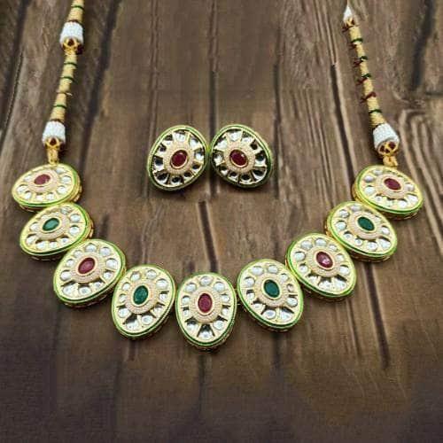 Ishhaara Green Oval Cut Kundan Necklace And Earring Set