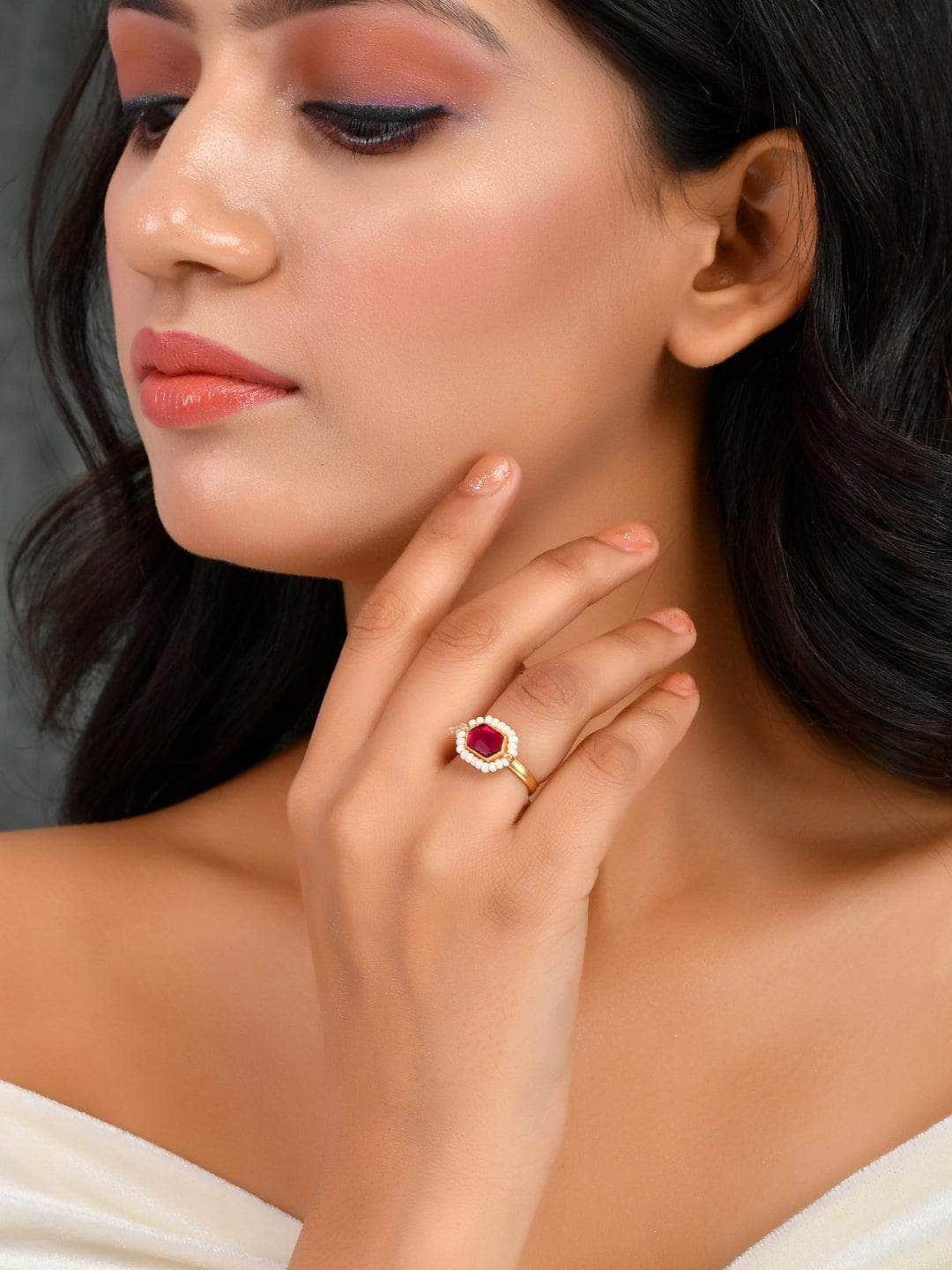 Ishhaara Oblong Kundan Pearl Ring Red