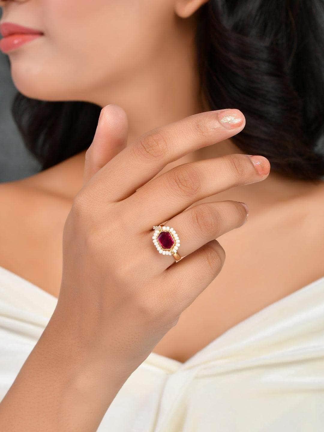 Ishhaara Oblong Kundan Pearl Ring Red