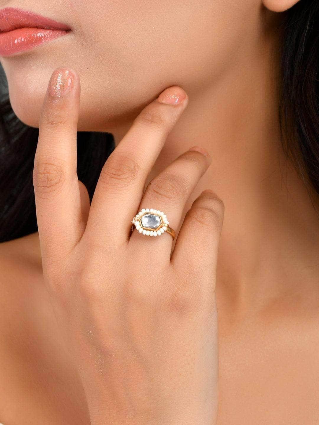 Ishhaara Oblong Kundan Pearl Ring-White