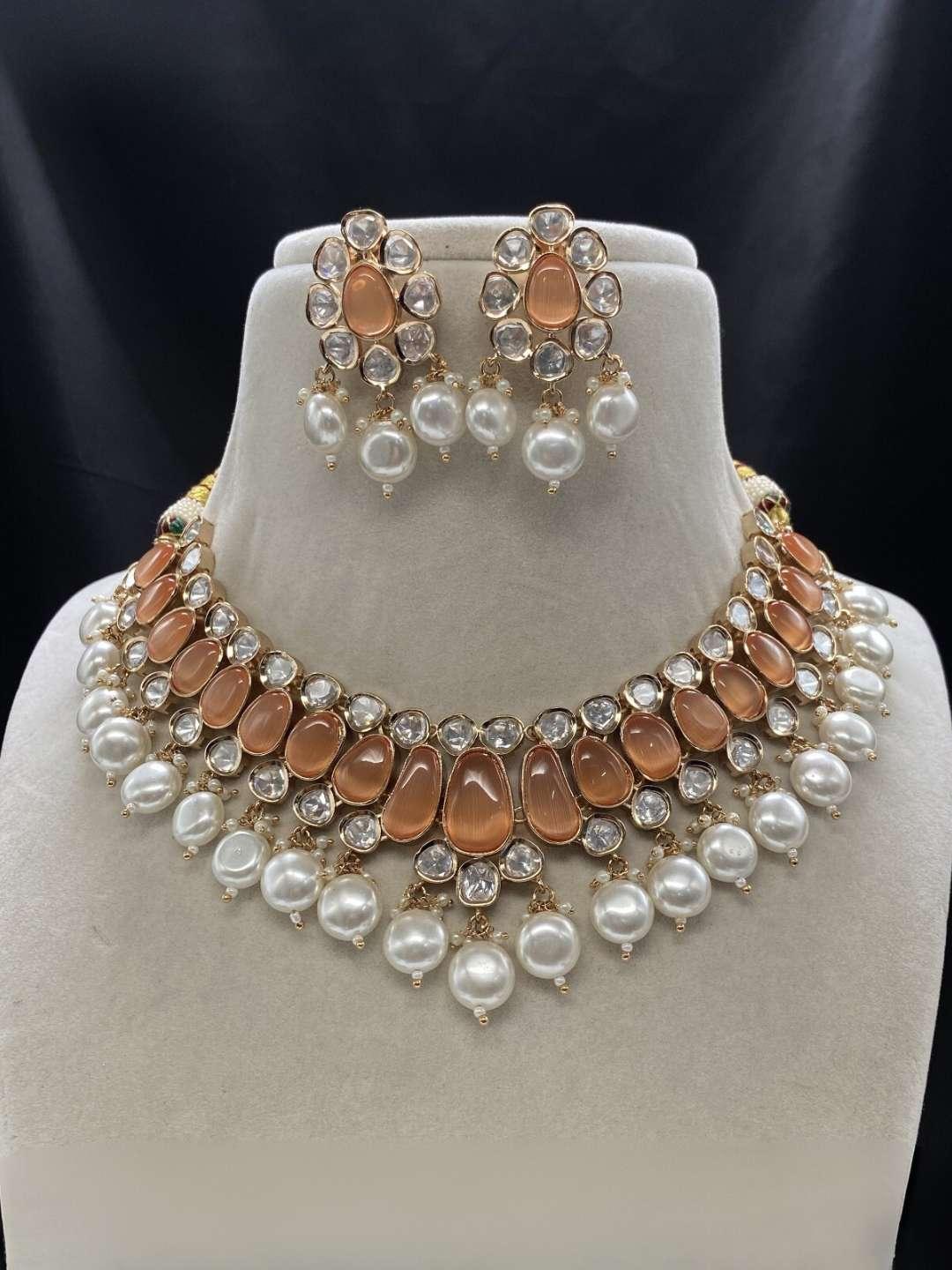 Ishhaara Orange  Kundan And Beads Studded Choker Necklace Set