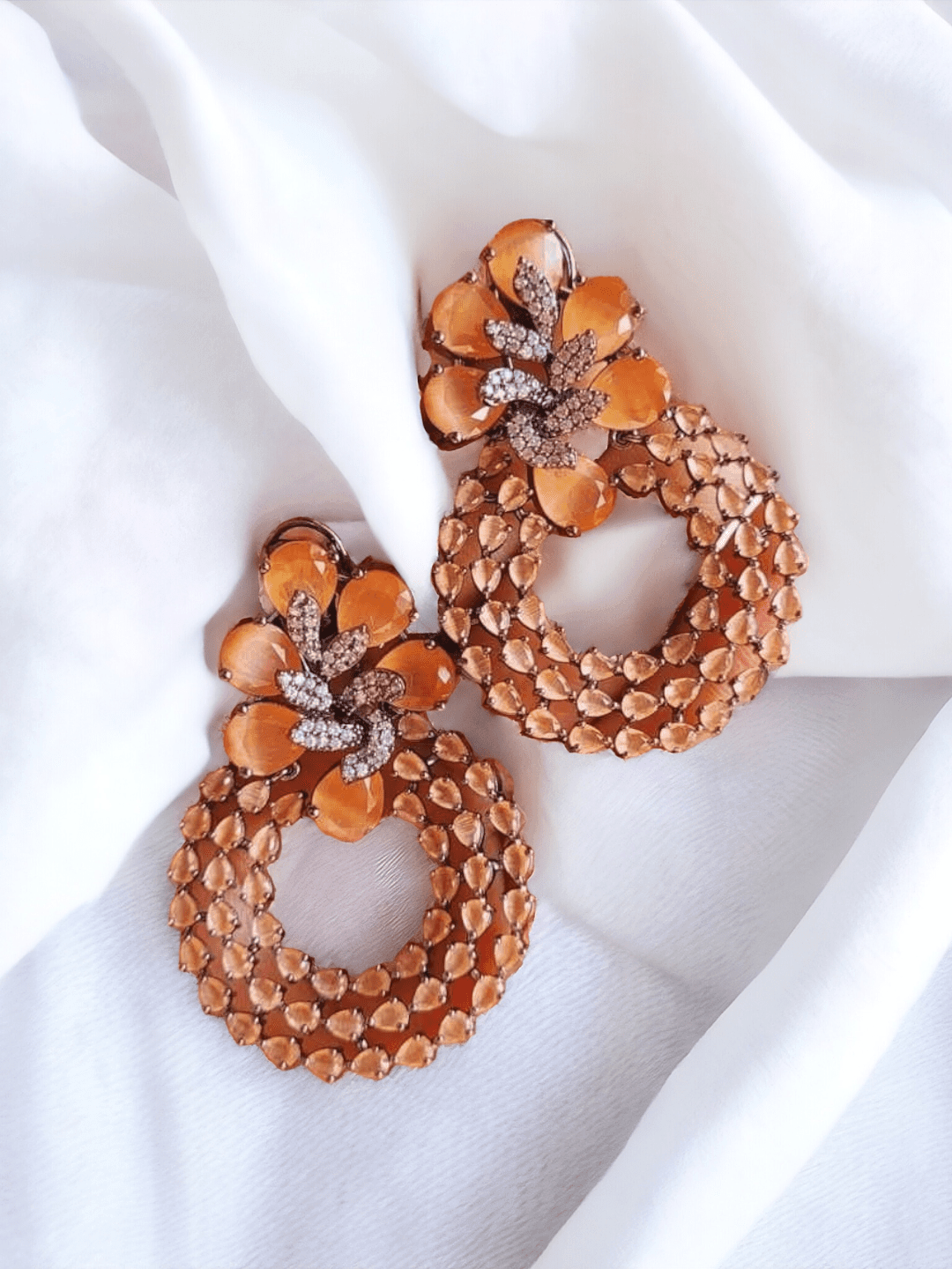 Ishhaara Orange Round Colorful Glam Rhinestone Earrings