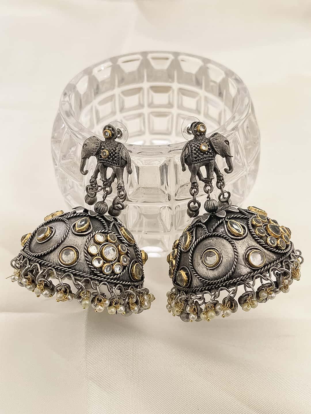 Ishhaara Oxidised Kundan-Studded Jhumka Earrings