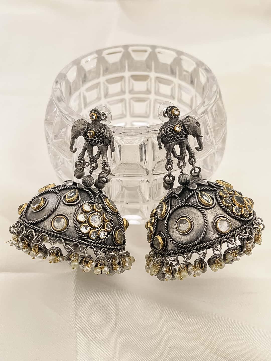 Buy Oxidised Kundan Studded Jhumka Earrings Online Ishhaara
