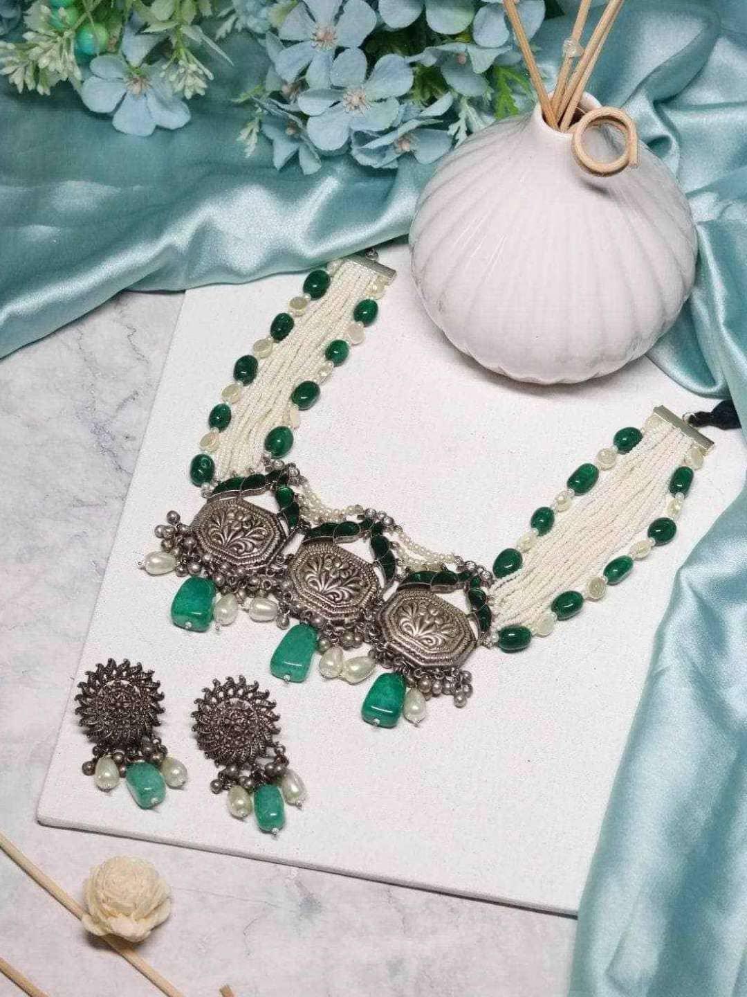 Ishhaara Oxidized Green Beaded Necklace