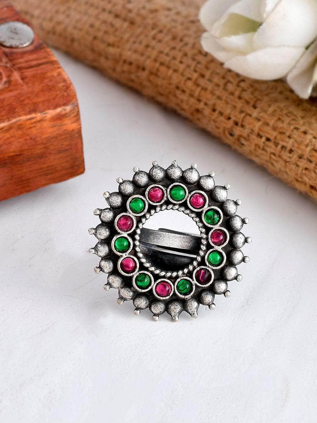 Ishhaara Oxidized Varthulah Ring- Magenta and Green