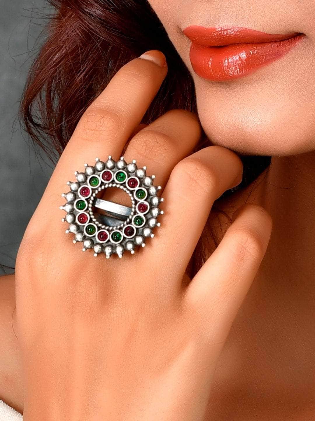 Ishhaara Oxidized Varthulah Ring Magenta And Green