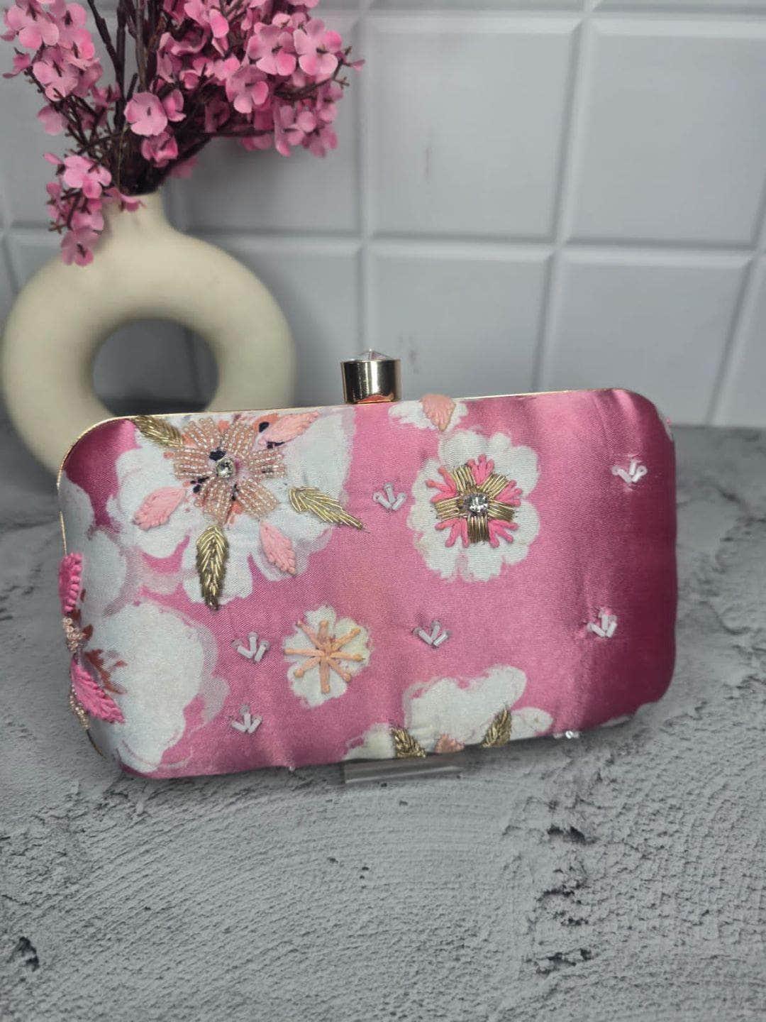 Ishhaara Pastel Pink Printed Sequin Clutch Purse