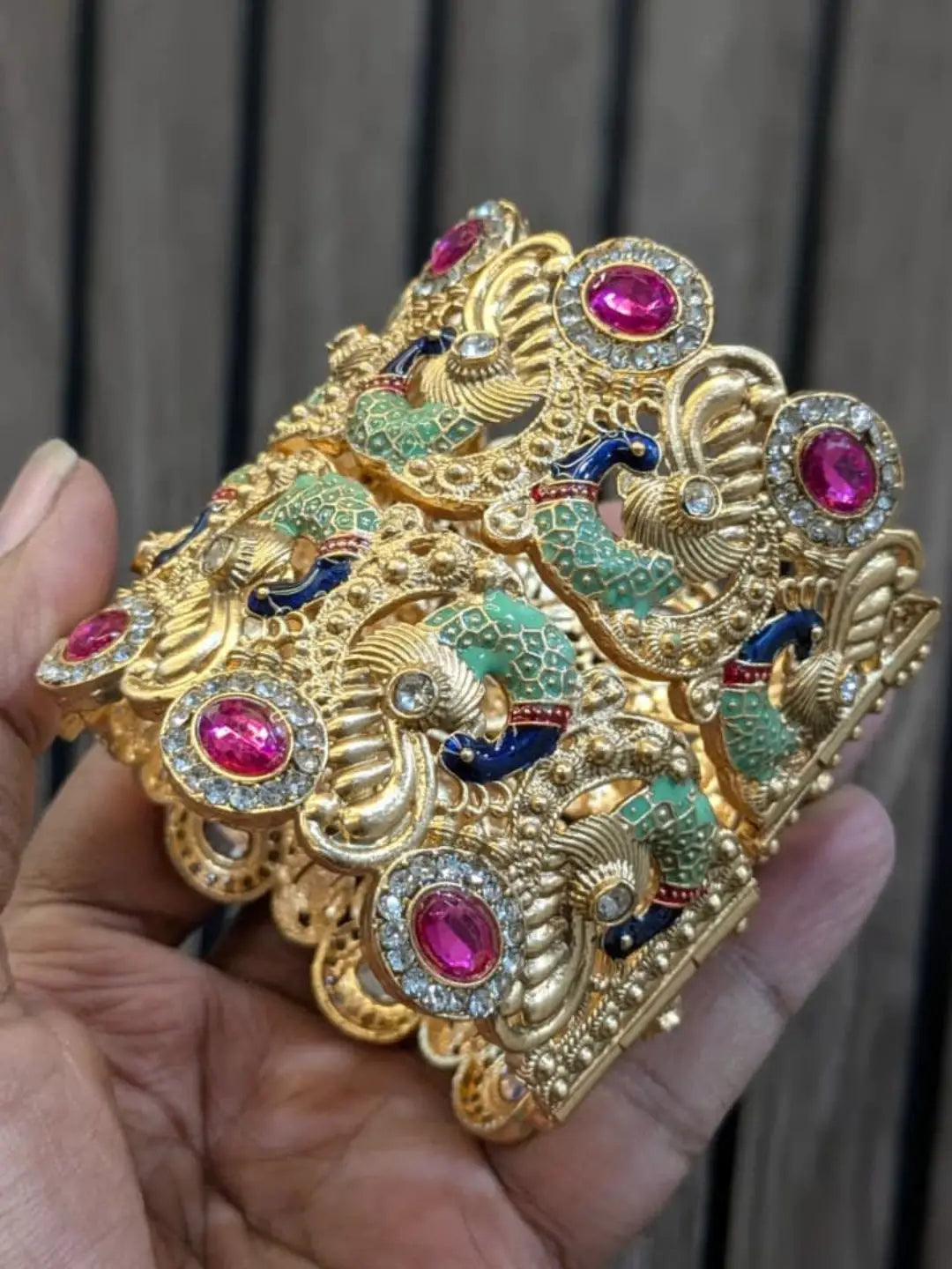 Ishhaara Peacock Feather Ruby Diamond Gold Bangles
