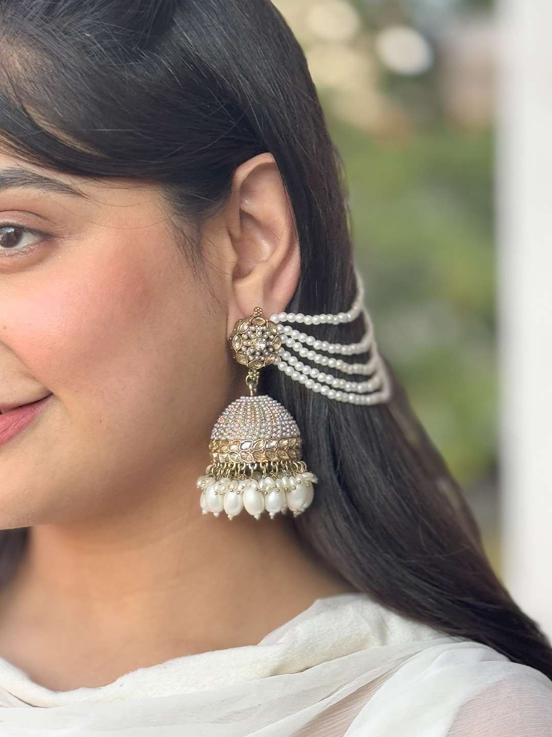 Buy Pearl Studded Jhumka Earrings With Earchain Online Ishhaara