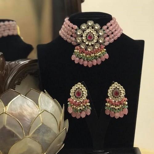 Ishhaara Aayushi In Drop Stone Multi Bead Choker Necklace Set