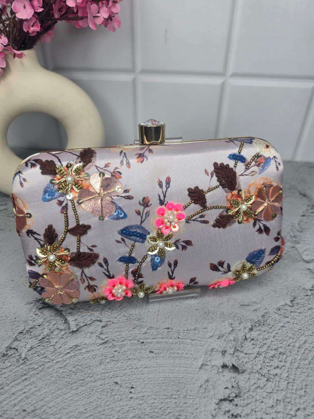 Ishhaara Pink Color Designer Clutch With Sequin Work And Mirror Embroidery