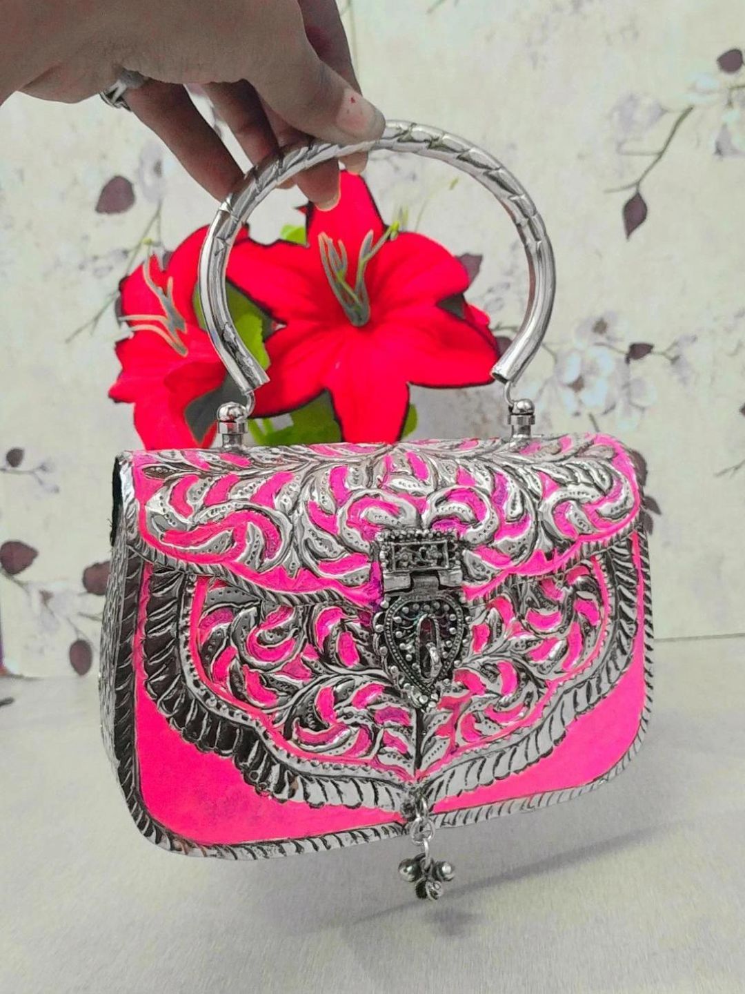 Ishhaara Pink Colored German Silver Handmade Handbag