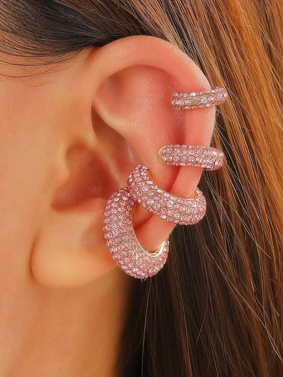 Ishhaara Pink Combo Of Four Chunky Pave Hoop Earcuff