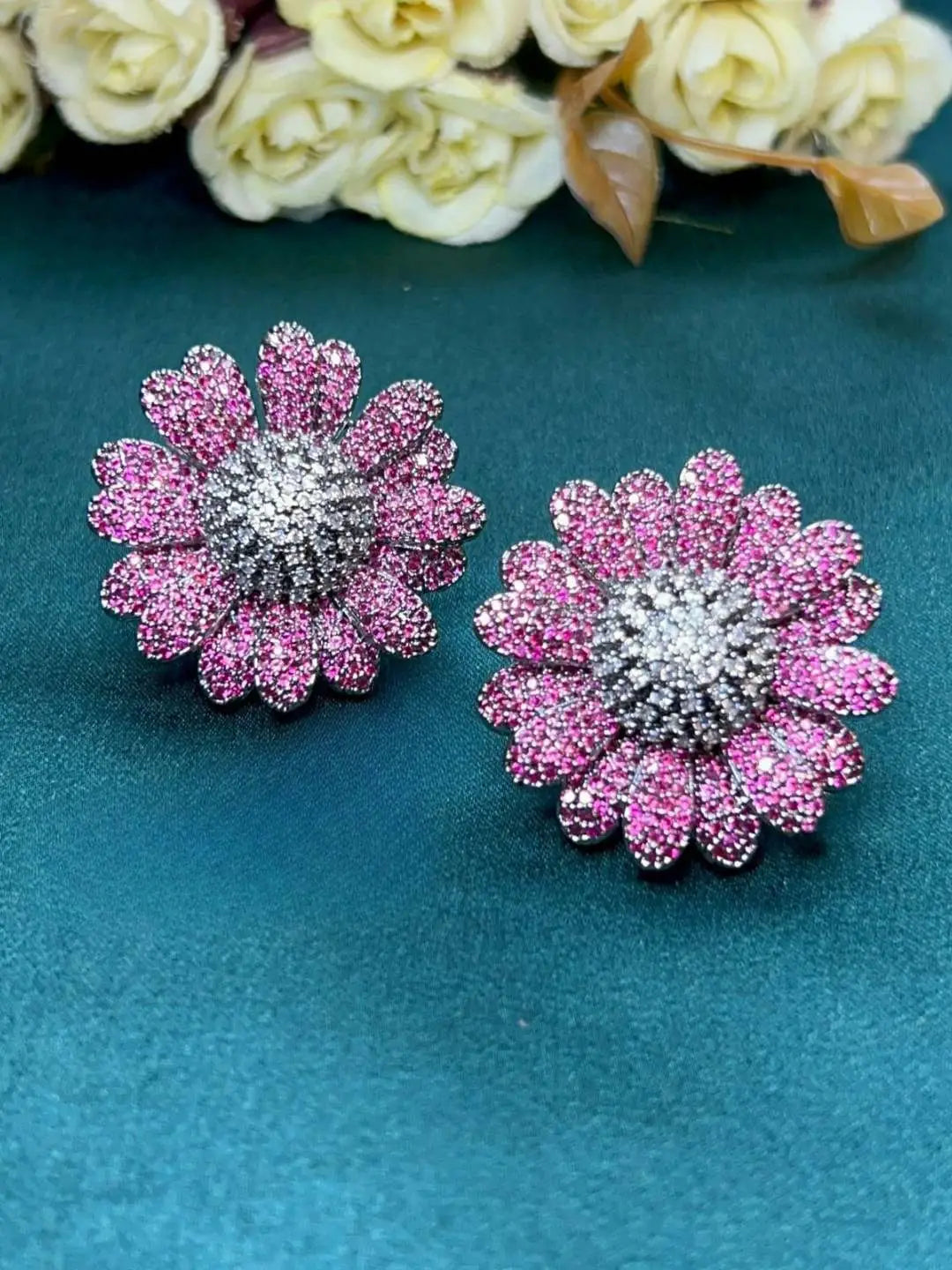 Ishhaara Pink Cubic Zirconia Sun Flower Earrings