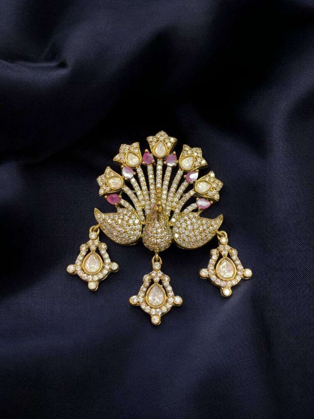 Ishhaara Pink Designer Gold Plated Cz Peacock Brooch