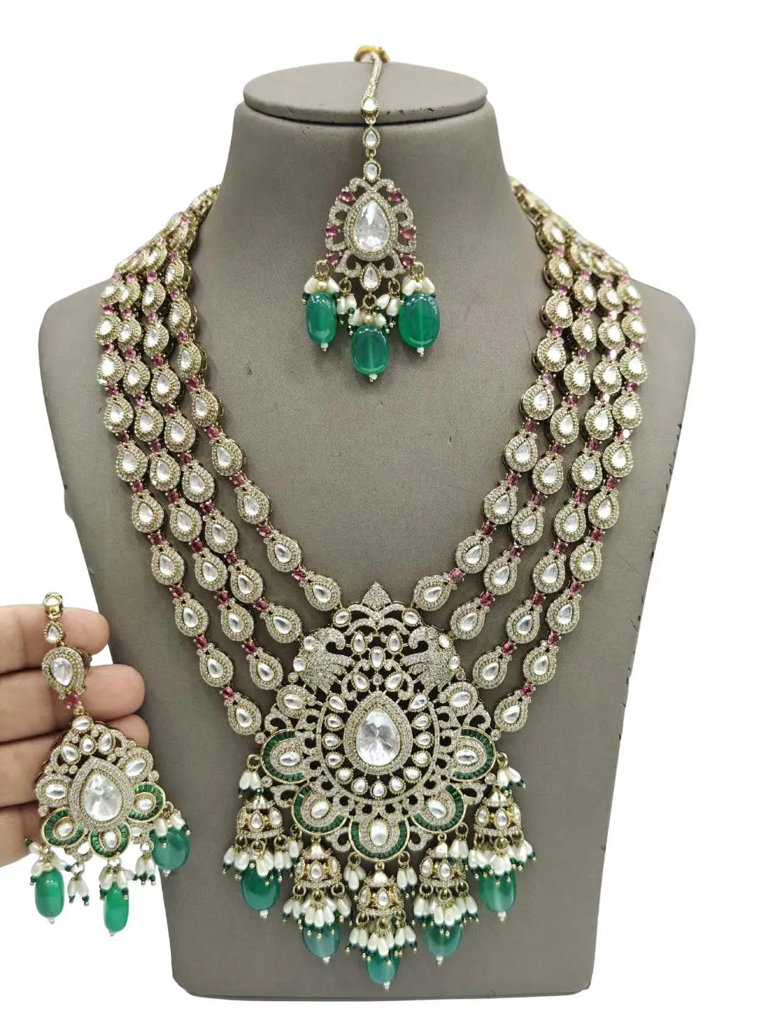 Ishhaara Pink Floral Victorian Emerald Beads Haram With Maang Tikka