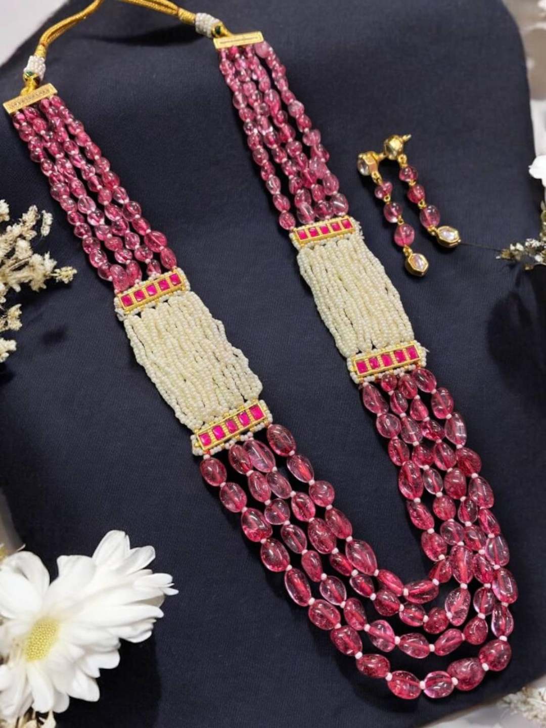 Gold Finish Red Kundan Polki And Pearl Long Necklace Set