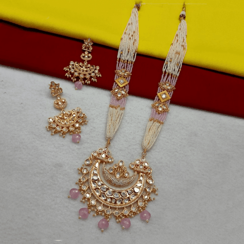 Ishhaara Jadau Chand Motif Pendant Beaded Long Necklace Set