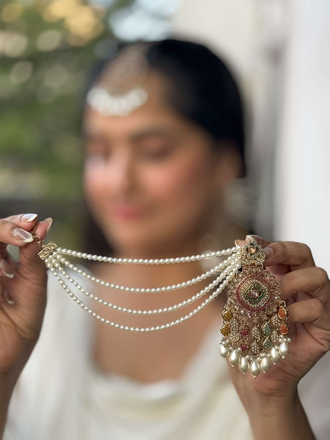 Pink Kundan Pearl Dangling Earrings With Chain And Teeka