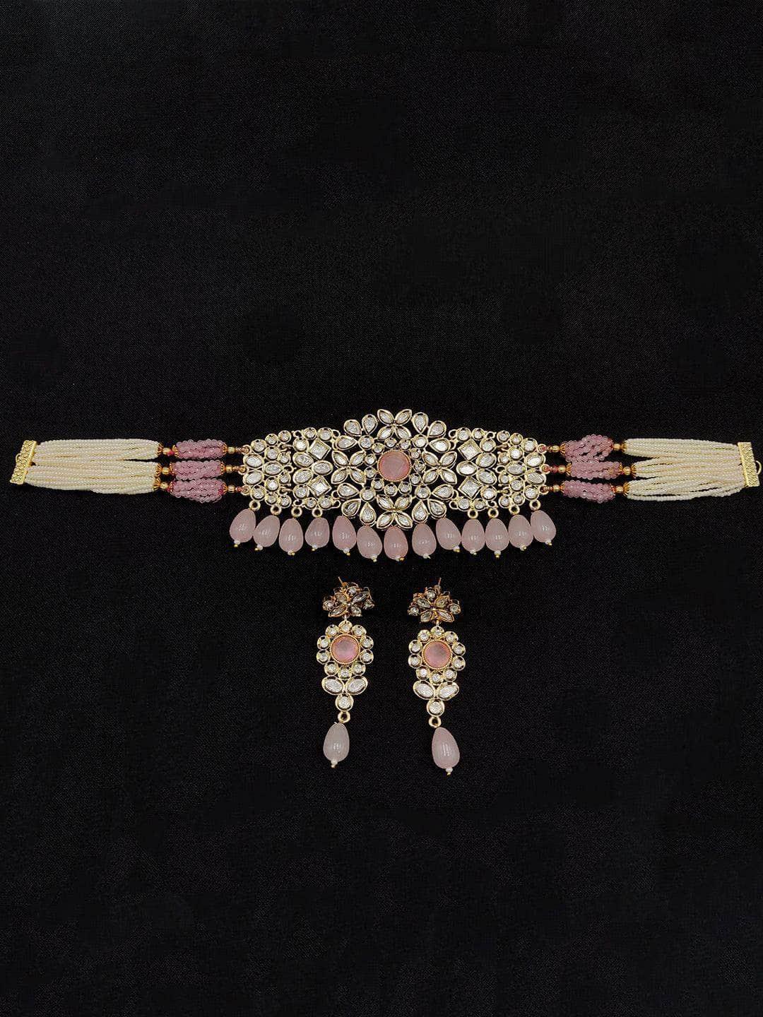 Ishhaara Pink Kundan Stone Studded Necklace & Earings Set