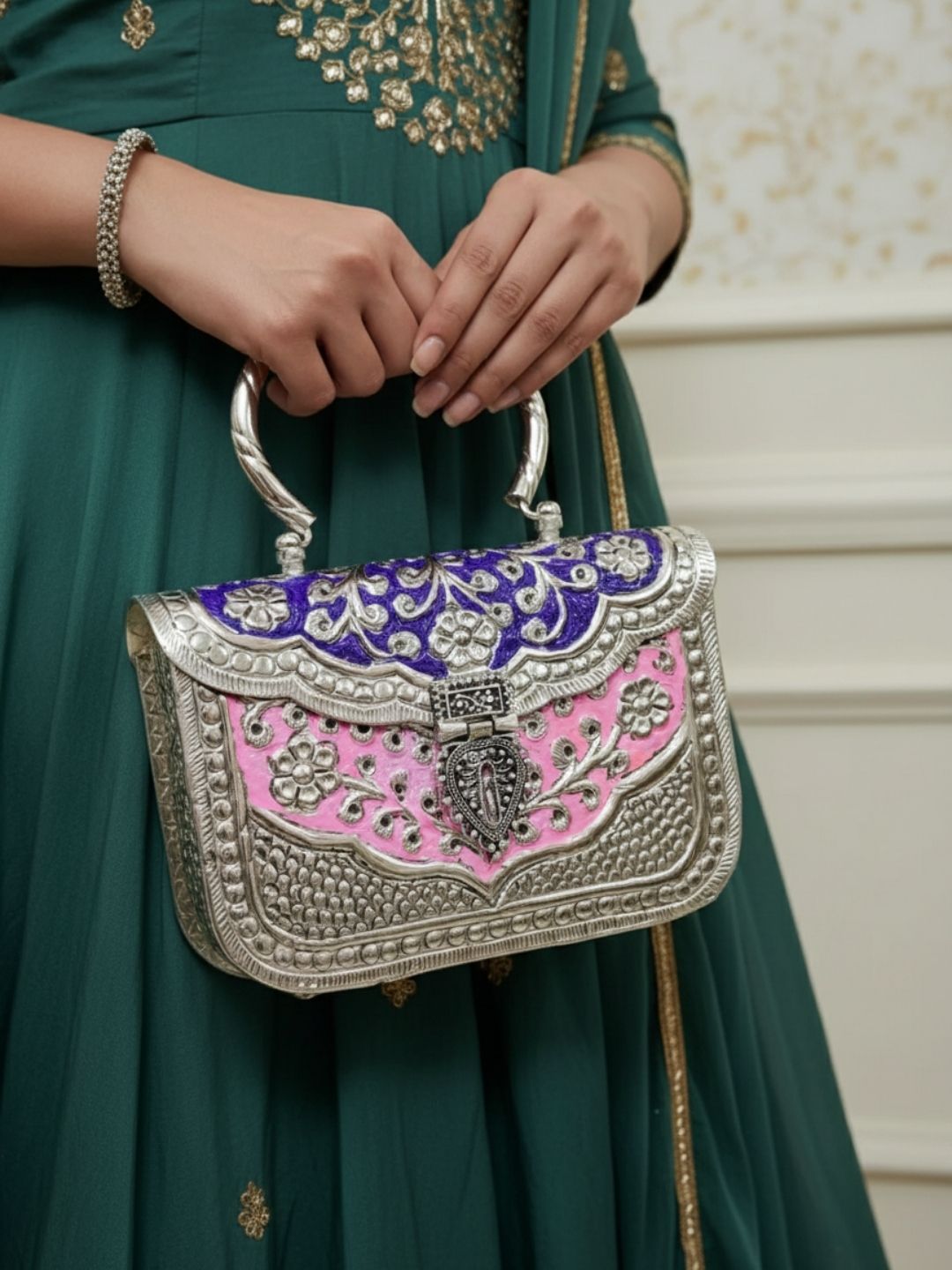 Ishhaara Pink Purple Metallic Clutch Bag