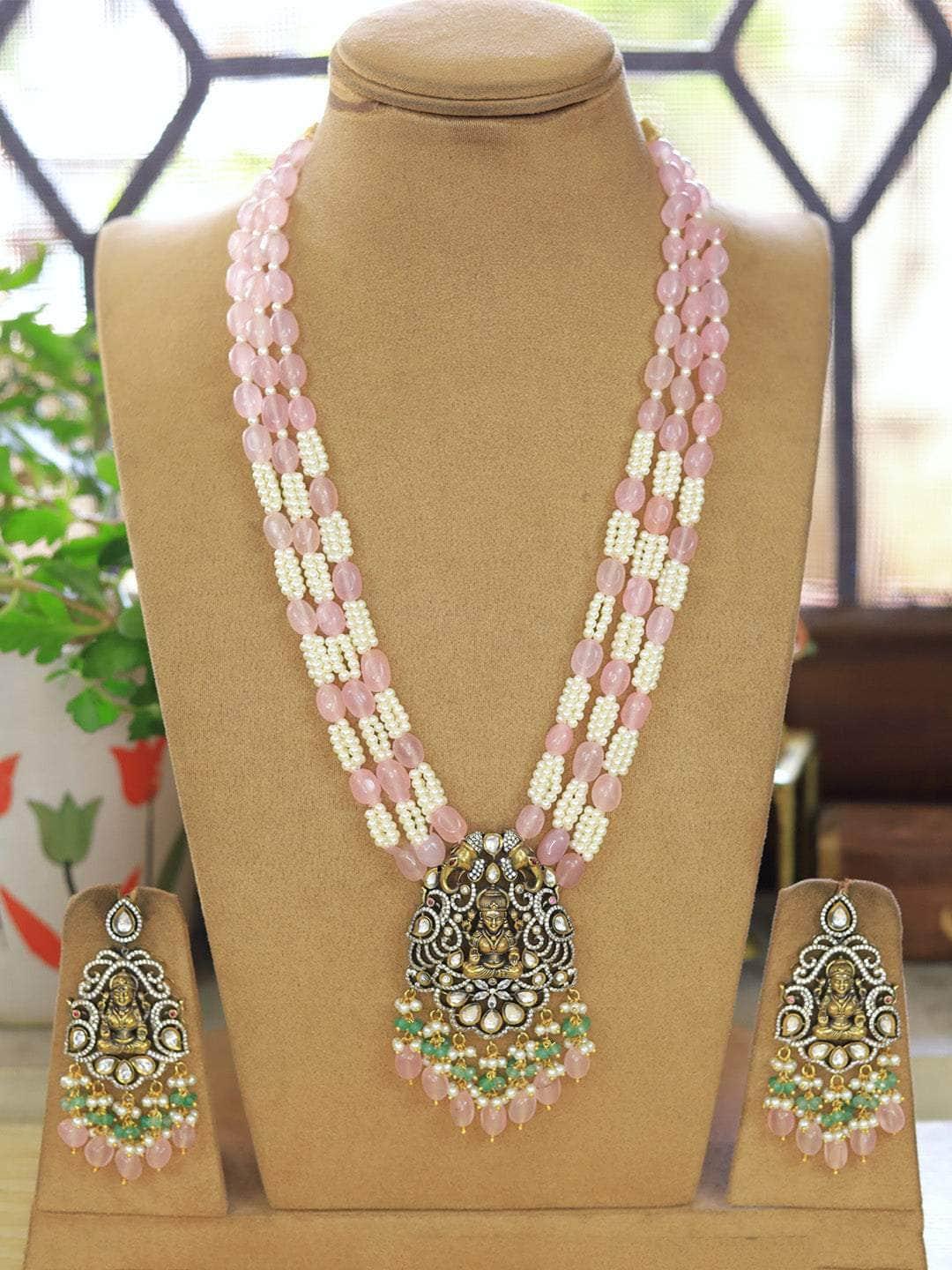 Ishhaara Pink Royal Long Necklace With Earrings
