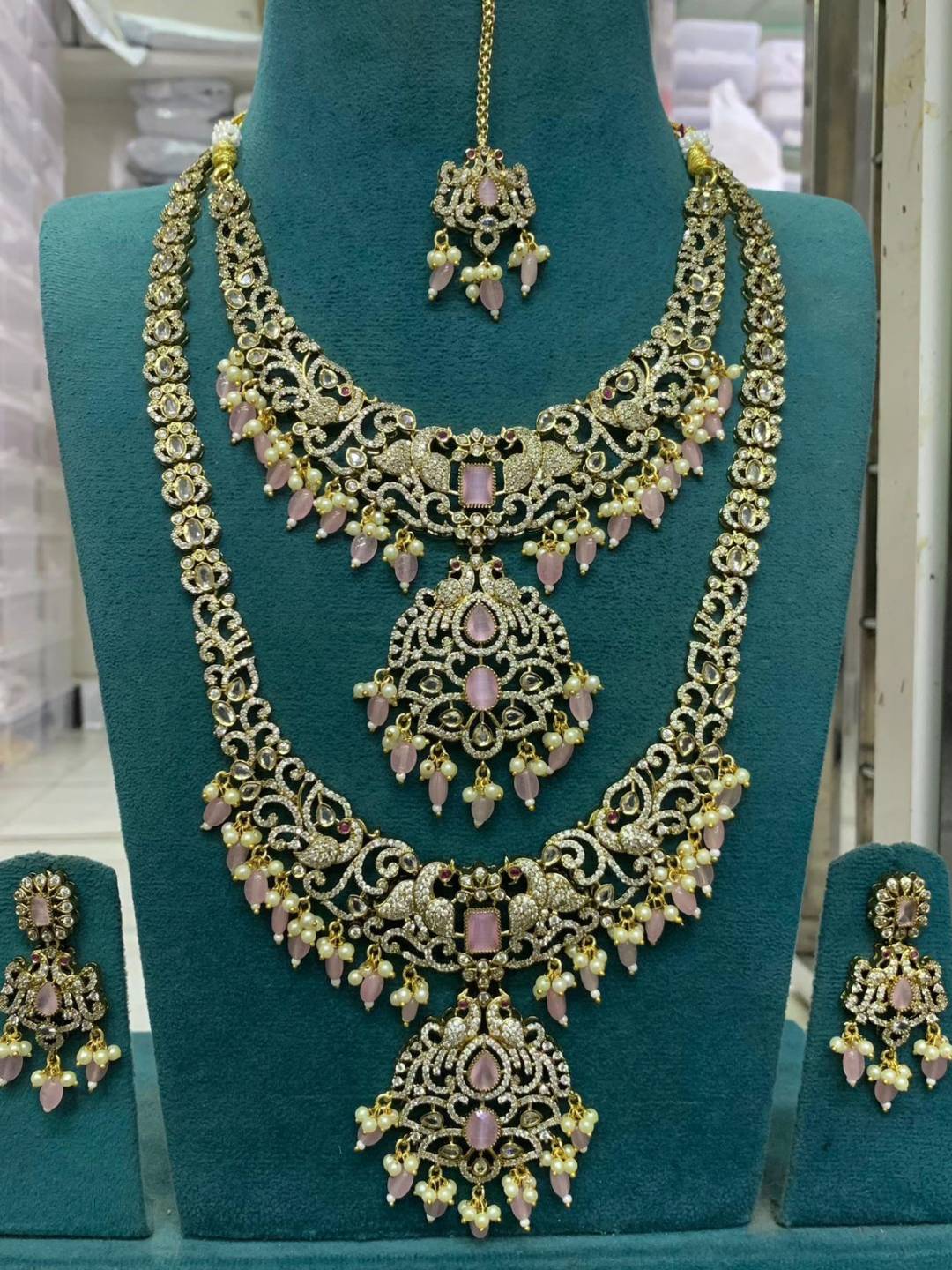 Ishhaara Pink Victorian Polish Ad Stones Bridal Choker And Long Necklace