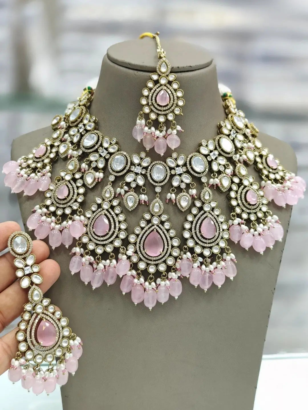 Ishhaara Pink Victorian Tear Drop Shaped Polki Kundan Necklace