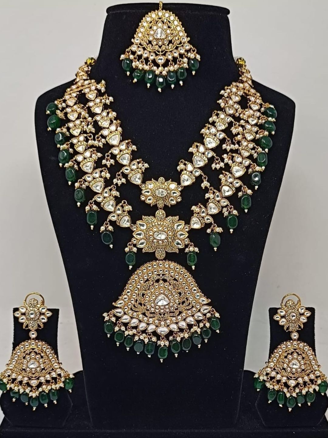 Polki Long Rani Haar With Green Beads