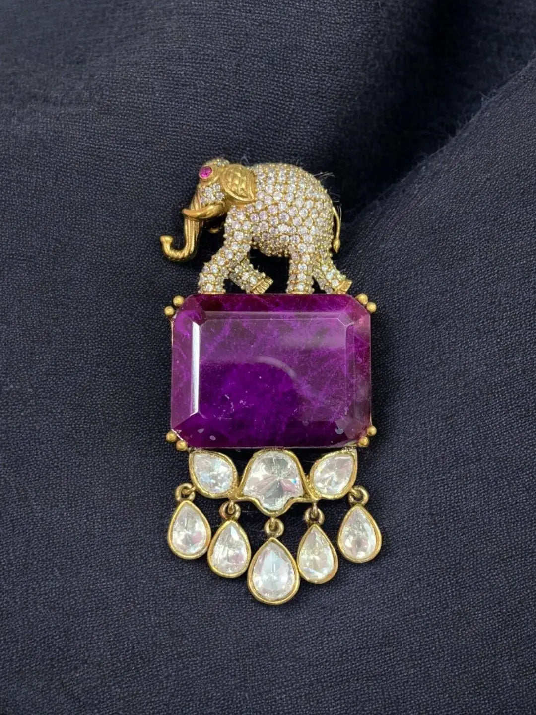 Ishhaara Purple Polki Uncut Diamond Elephant Brooch