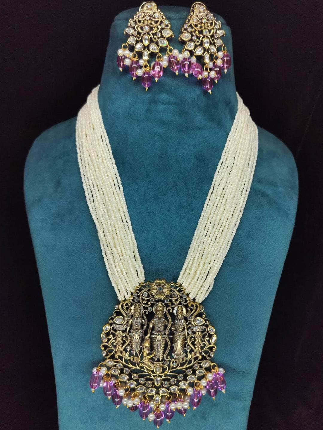 Ishhaara Victorian Style Long Temple Pendant Necklace Set