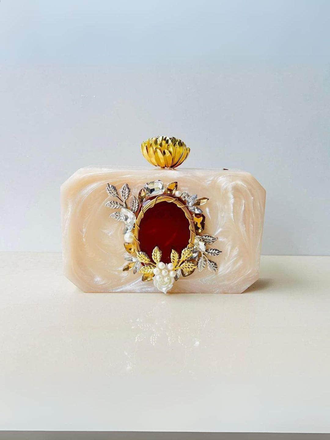 Ishhaara Beige Embroidered Rectangle Clutch